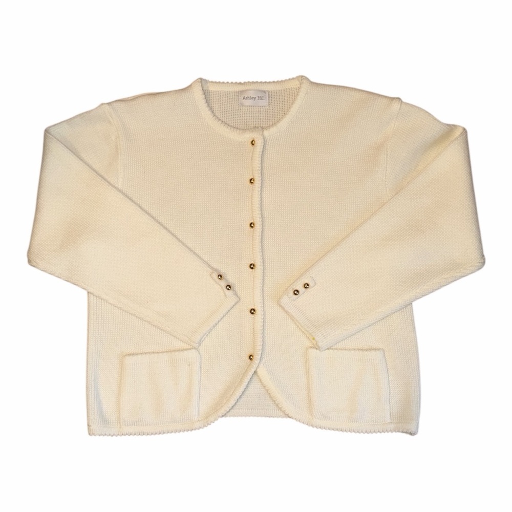 Vintage Cream Textured Knit Cardigan Gold Buttons Ashley Hill‎ Grannycore Preppy